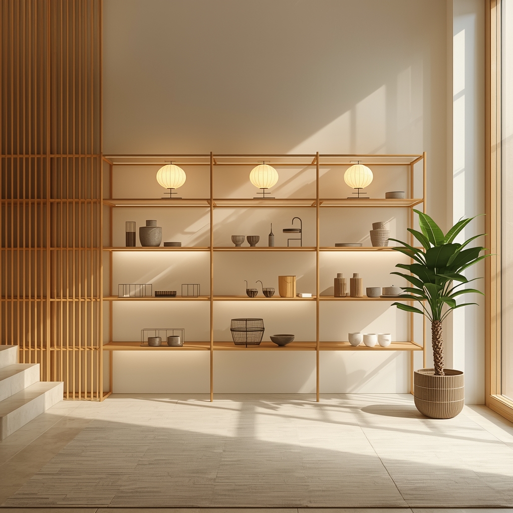 Zen bamboo furniture – low tables, screens and ambient lighting in minimalist interior