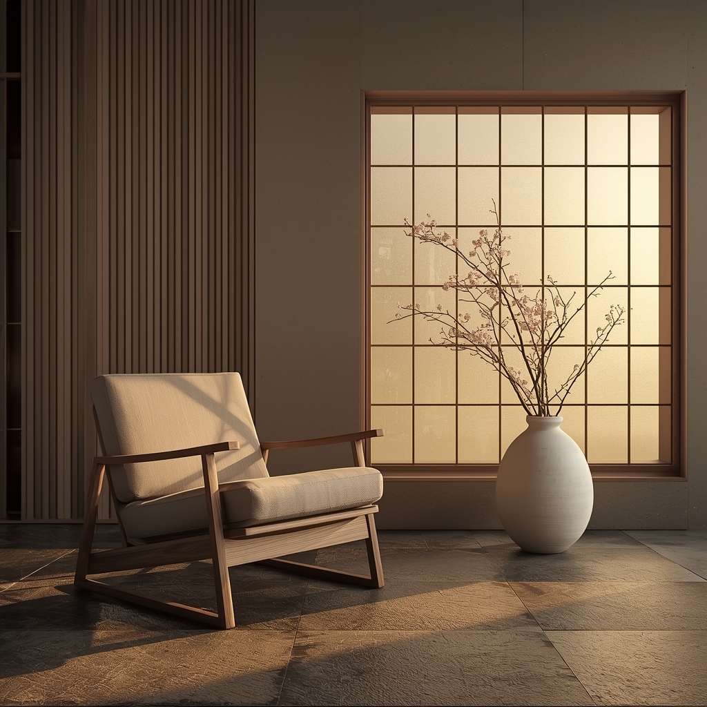 Warm golden-hued family moment in a harmonious Zen-inspired home with natural materials, soft lighting, and serene balance