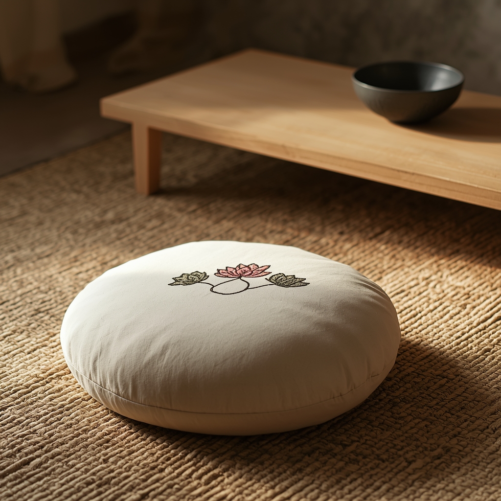 Organic Zen meditation cushion with lotus embroidery on natural fiber rug in serene minimalist setting