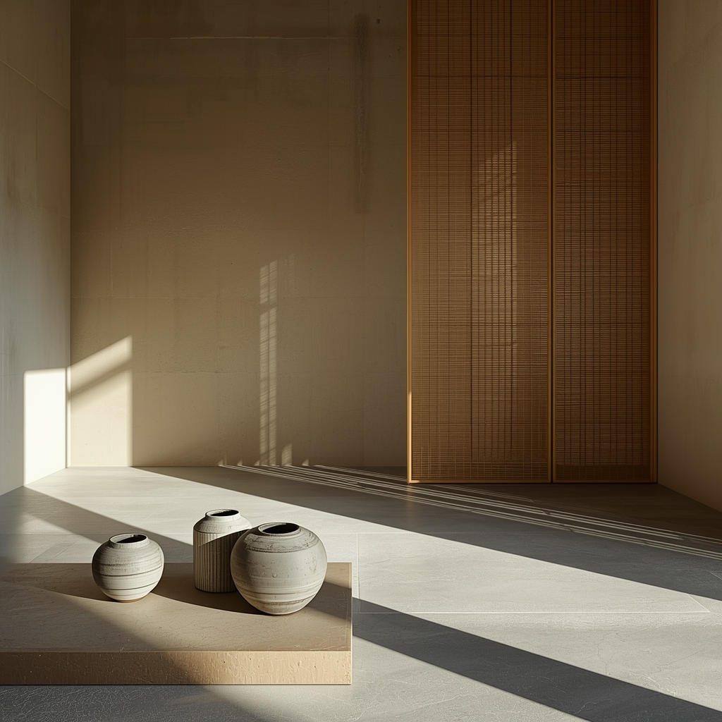Serene minimalist Zen interior with handcrafted stoneware, bamboo elements, and abundant negative space evoking tranquility